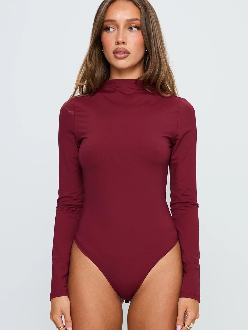 Free People Burgundy Mock Neck Long Sleeve Bodysuit